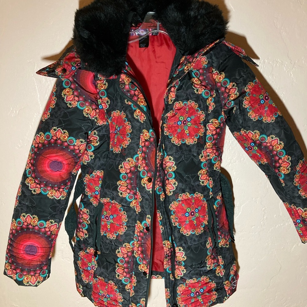 Desigual Black and Red Girls Puffer Coat with Floral Pattern and Fur Trim